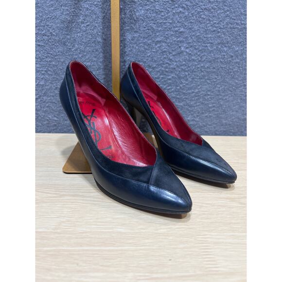 Vintage YSL Yves Saint Laurent Black Trim Leather & Suede Heels Size 6M Italy - Picture 2 of 11